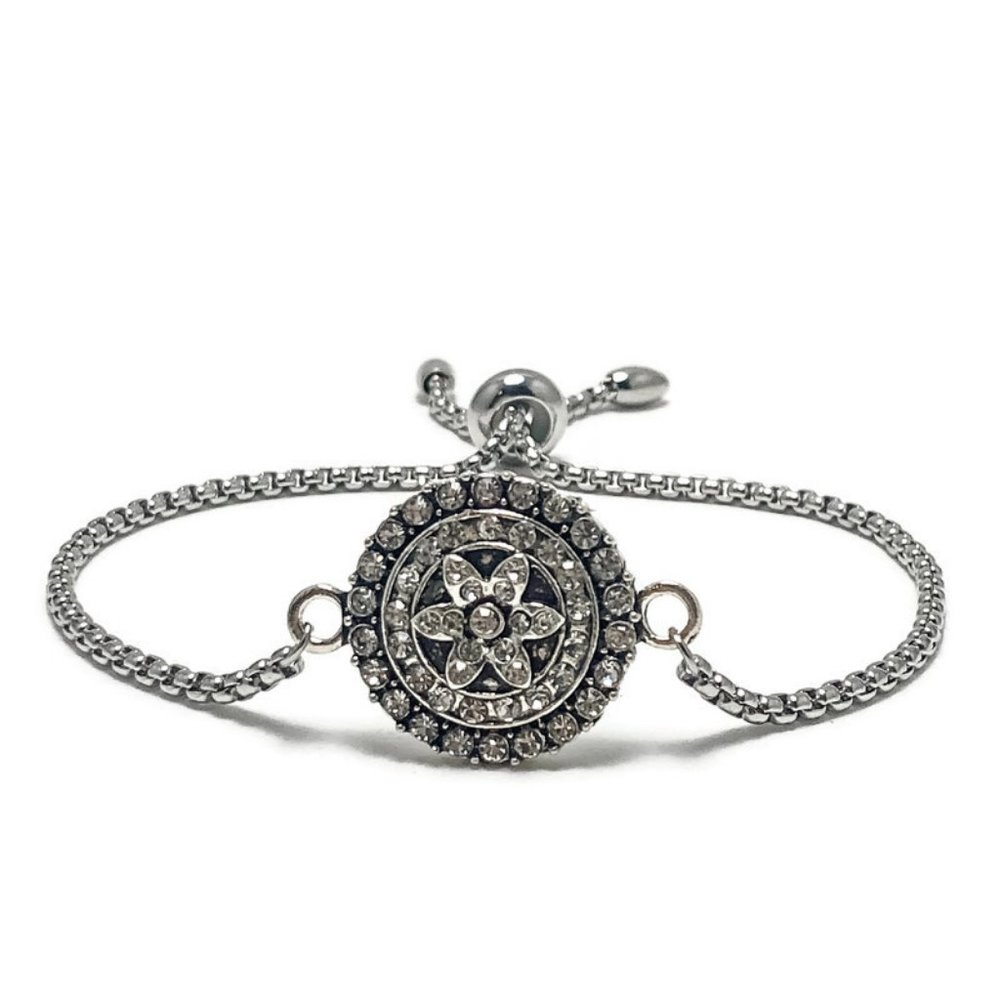 🎉NWT Full Circle Adjustable Slide Bead Box Chain Silver Rhinestone Bracelet